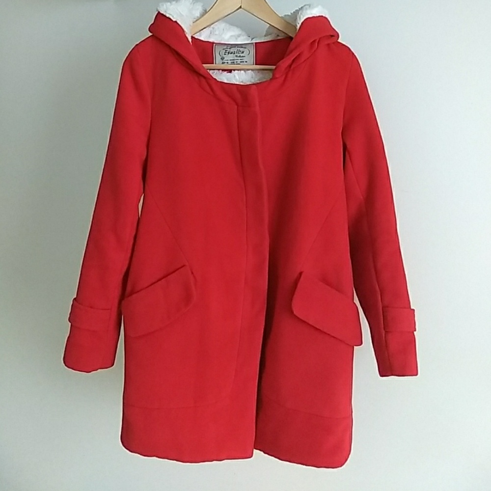 Cozy Red Parka Coat Lined With Hood